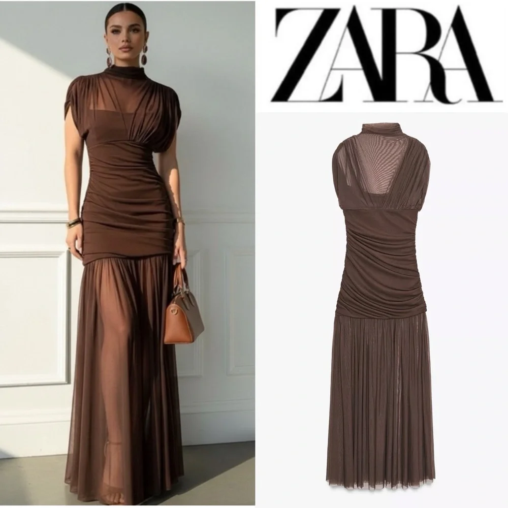 ZARA 🤎 COMBINATION TULLE DRESS IN CHOCOLATE